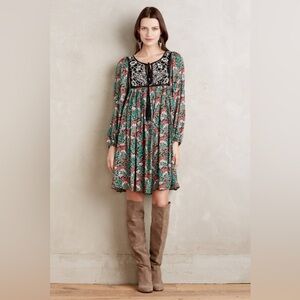 Floreat by Anthropologie Ottava Peasant Embroidered Mini Dress Size XS‎